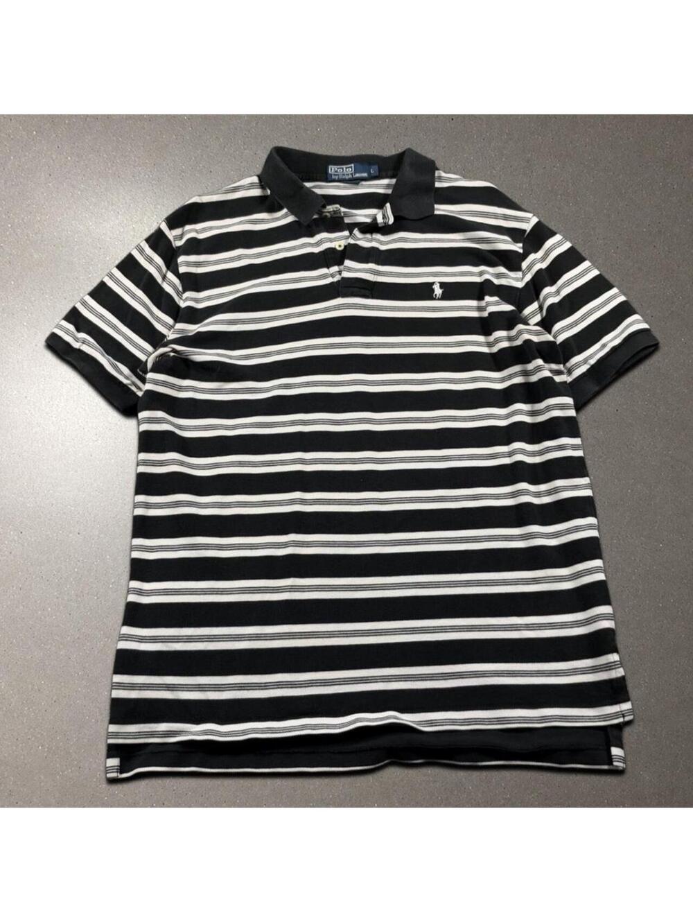 Vintage Polo Ralph Lauren Black and White Striped Polo Shirt - Men's Large!